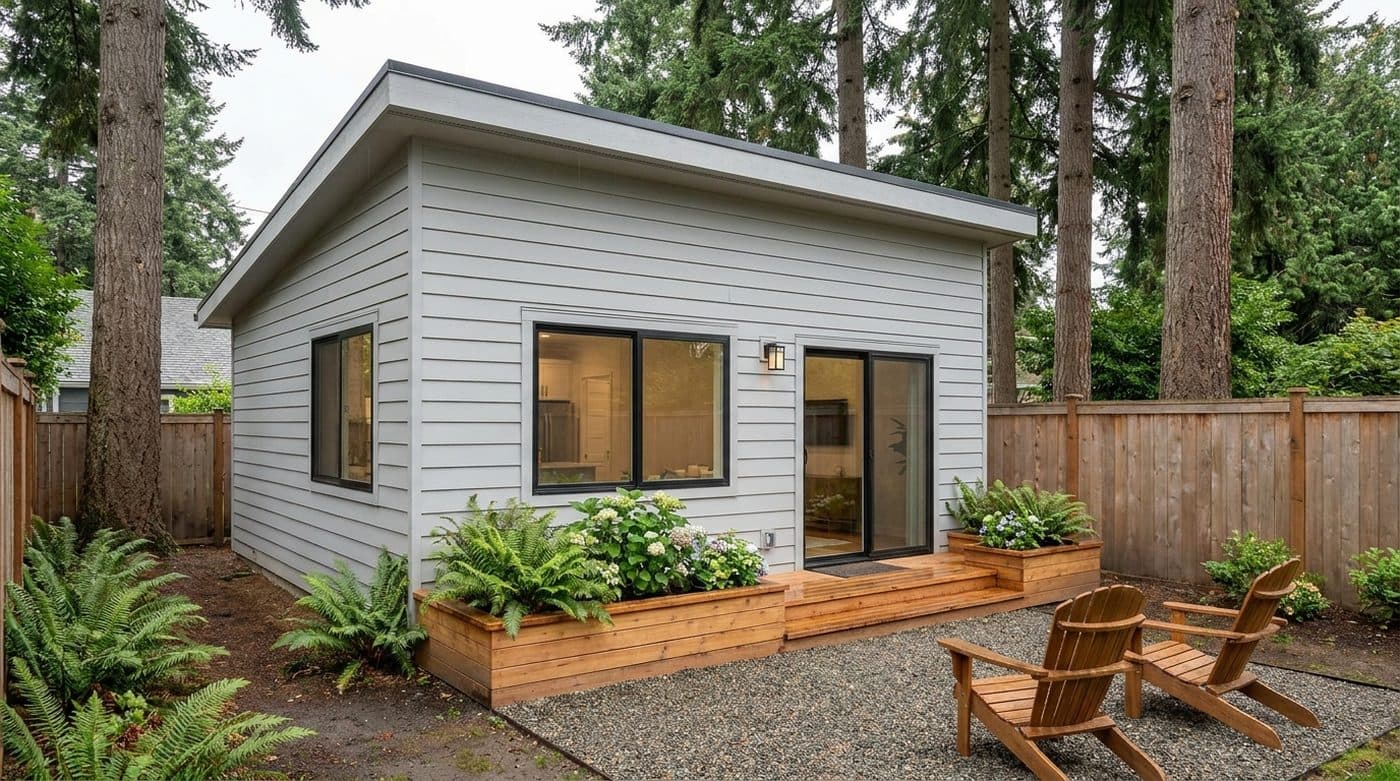 Concept rendering of a 600 sq ft one-bedroom detached ADU with a shed roof and cedar deck in a Seattle backyard