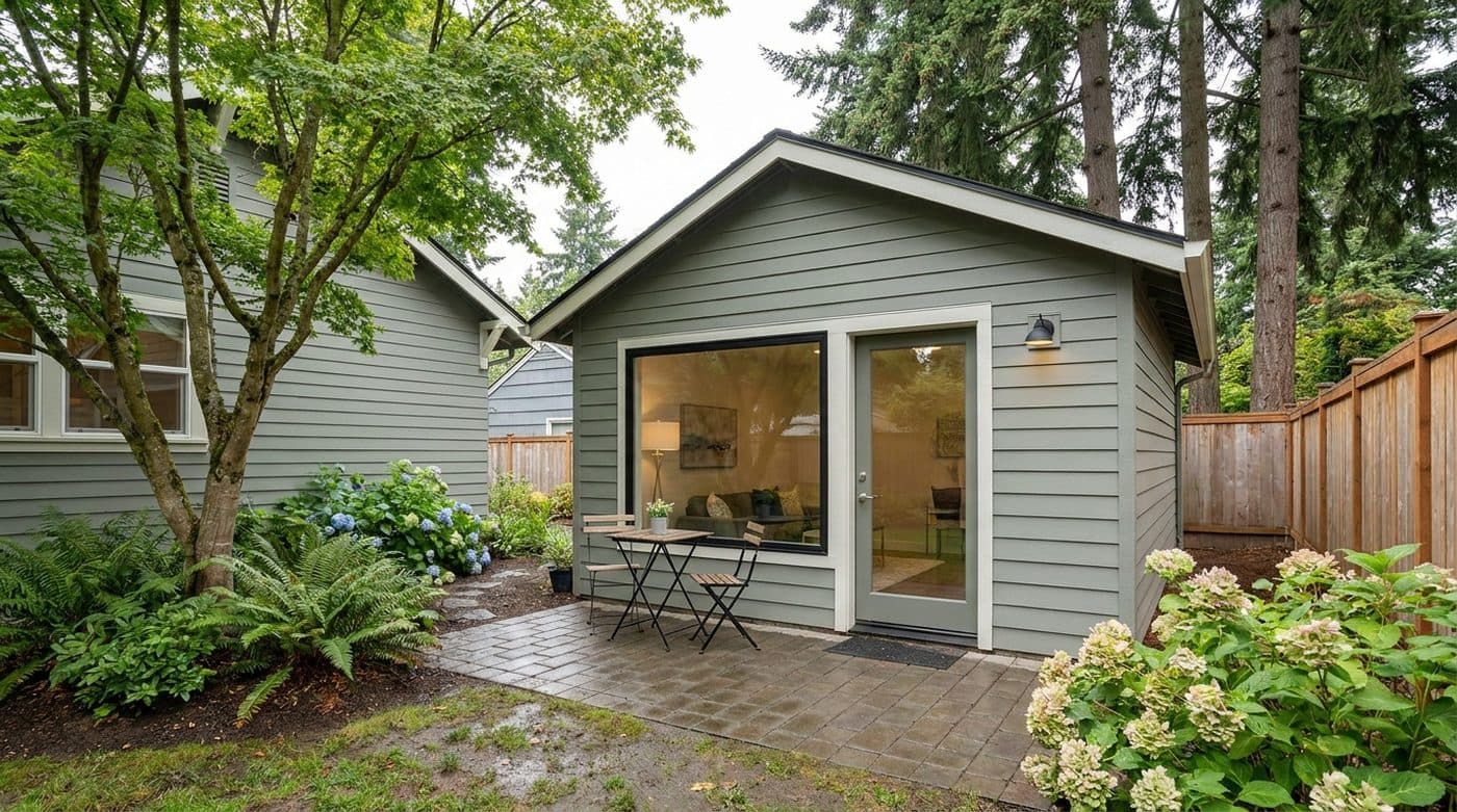 Concept rendering of a detached garage converted into a living unit with a new window wall and patio in a Seattle backyard