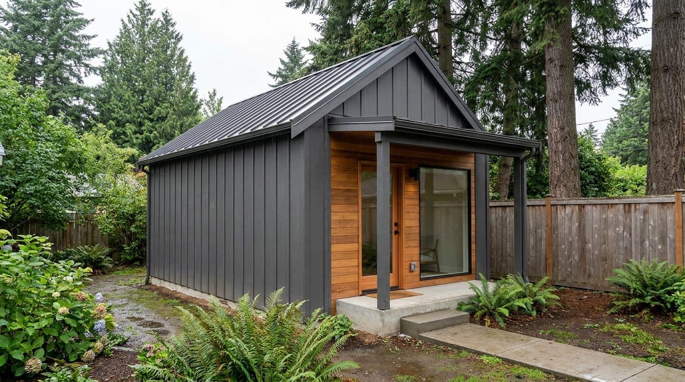 Concept rendering of a 400 sq ft detached studio ADU with a gable metal roof and cedar entry in a Seattle backyard