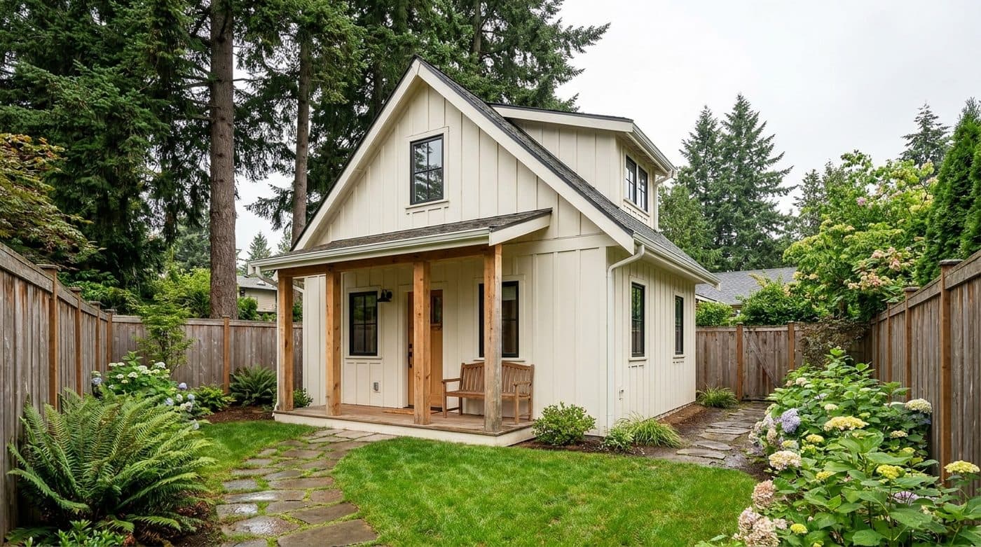Concept rendering of an 800 sq ft two-bedroom backyard cottage ADU with a covered porch and dormer in a Seattle backyard